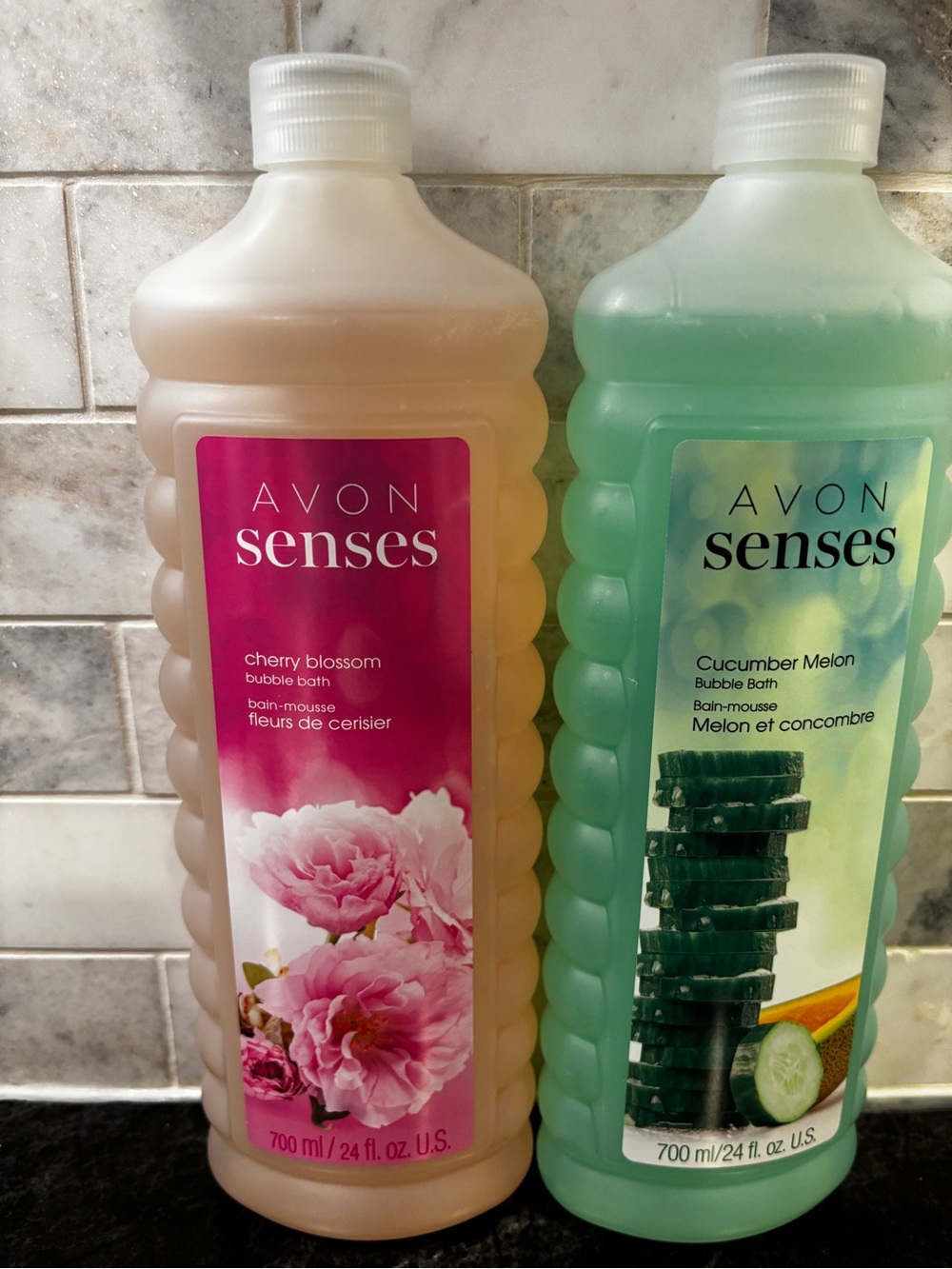 Avon Senses Cherry Blossom (Pink) & Cucumber Melon (Green) Bubble Bath Duo